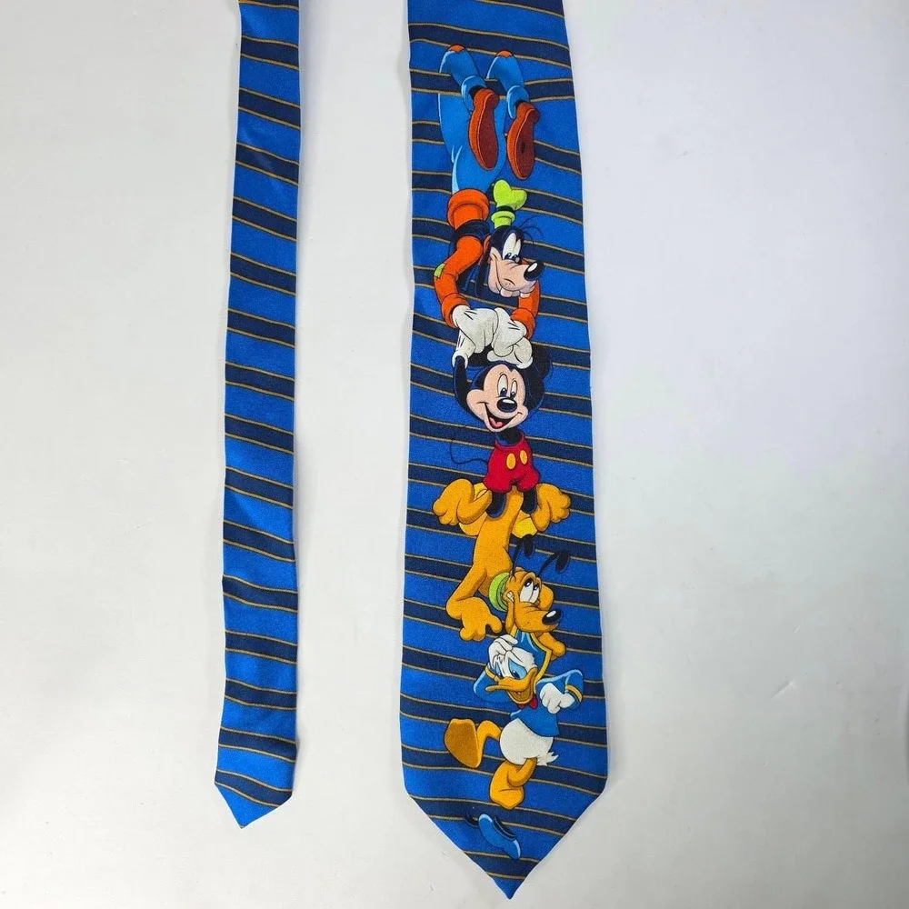 Walt Disney World Vintage Silk Tie Mickey Mouse Goofy Pluto Donald Duck Blue
